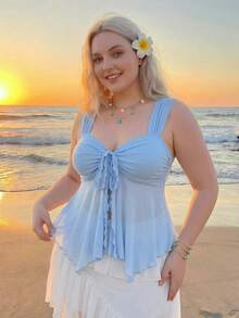 SHEIN MOD Plus Size Asymmetric Hem Mesh Blouse In Light Blue,Bow Tie Design,Summer Tropical Beach Holiday Outfit,Sweet Retro Style Top For Women - Baby Blue - View 7