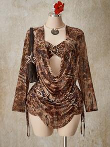 SHEIN ICON 大码 Y2K 复古度假套装，复古豹纹花卉网纱印花套装 - 抹胸、抽绳半身裙、罩衫三件套，夏季度假 - 彩色 - 查看 9
