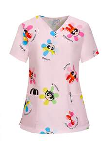 PopScrub THE POWERPUFF GIRLS X SHEIN Women's Short Sleeve Floral Print Nurse Scrub, Pocket Design Short Sleeve Scrub Top - Baby Pink - View 8