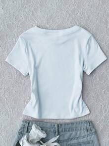 Kaos Anak Perempuan/Remaja Musim Semi/Panas Model Baru Warna Polos Leher Bulat Lengan Pendek Kasual, Atasan Biru - Biru - View 2