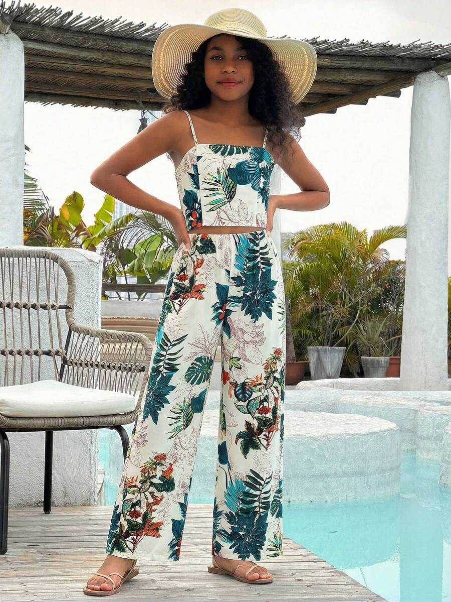 SHEIN Set Atasan Tank Top Kasual Musim Panas Motif Bunga Kecil Vintage dengan Tali Bahu Tipis untuk Anak Perempuan Remaja - MultiWarna - View 1