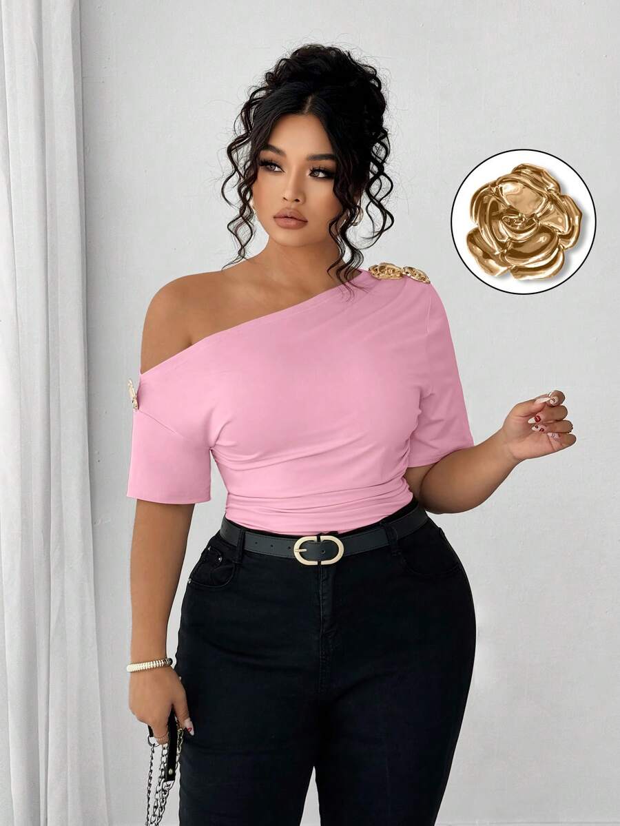 Elenzga Plus Size Women Elegant Personalized Versatile Casual Commute Cold-Shoulder Top - Pink - View 1