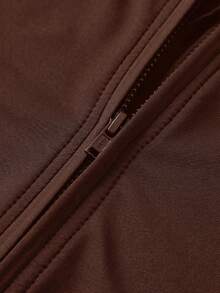 SHEIN 女童纯色针织高领半拉链修身连体运动服 - 棕色 - 查看 7