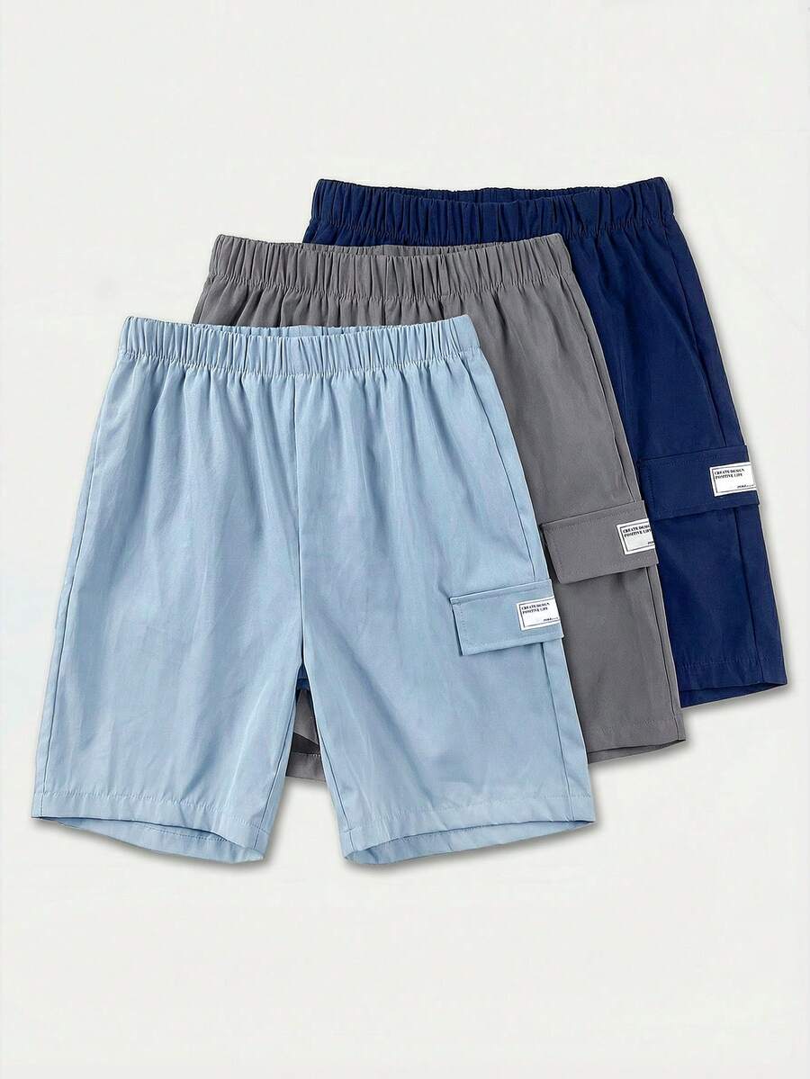 3 Pc Teenboy's Loose Casual Woven Sports Workwear Shorts Set,Solid Color Basic Versatile Summer,Streetwear,Beach Shorts For Spring And Summer Seasons - Multicolor - View 1