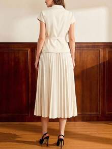 Vintamour 复古优雅女士套装，配有腰带、纽扣短袖上衣和百褶裙，休闲工作度假两件套，夏季连衣裙，夏季度假装，春季女装，春季连衣裙，春季服装，春假装，优雅派对礼服，优雅派对礼服，女士婚礼宾客礼服，婚礼派对礼服，毕业礼服，优雅典礼礼服，女士优雅礼服，正式礼服 - 米色 - 查看 7