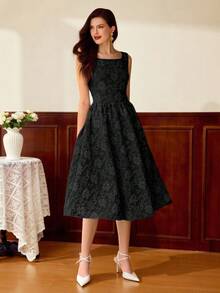 Vintamour Robe élégante sans manches à col carré avec poche, couleur unie, style vintage. Tenue d'été pour vacances, robe d'invitée de mariage, robe d'anniversaire élégante pour femme. Tenues élégantes pour femmes pour la rentrée, les vacances, l'automne, l'église, les festivals. Tenues de brunch chic pour femmes. - Noir - Voir 7