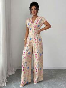 Elenzga Women's V-Neck Cinched Waist Casual Vacation Style Apricot Printed Jumpsuit - Multicolor - View 3