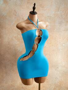 Mistrie Women's Summer Sexy Vacation Style Solid Color Hollow Circle Decor Twist Neck Fitted Dress - Blue - View 1