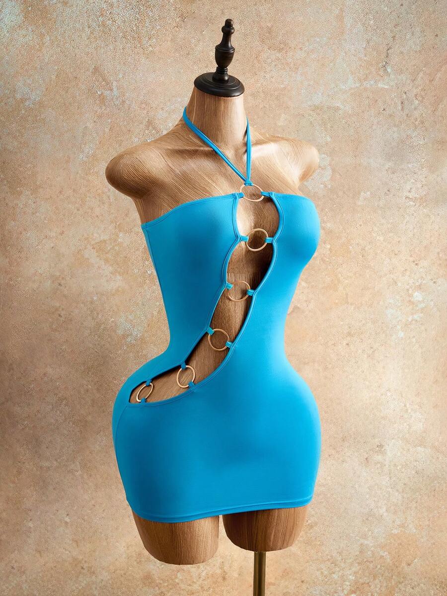 Mistrie Women's Summer Sexy Vacation Style Solid Color Hollow Circle Decor Twist Neck Fitted Dress - Blue - View 1