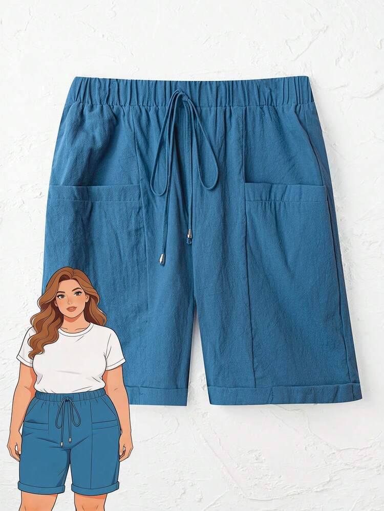 Plus Size Women's Solid Color Waist Tie Dual Pocket Casual Shorts