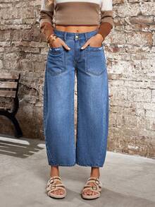 EMERY ROSE Women's Pocket Design Straight Loose Casual Versatile Jeans - Blue - View 7