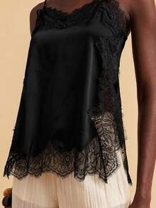 Travachic Camiseta de mujer de unicolor con encaje de contraste - Negro - Ver 5