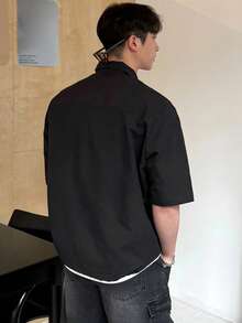 DAZY Áo sơ mi nam tay ngắn cài nút phía trước màu trơn, cổ bẻ cho trang phục công sở mùa hè - màu đen - Xem 2