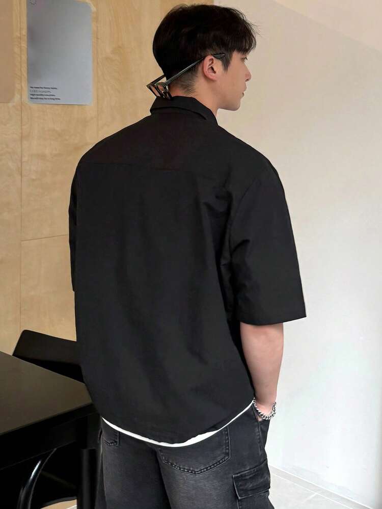 Men Solid Color Front Button Short Sleeve Shirt With Turn-Down Collar For Summer Business Attire