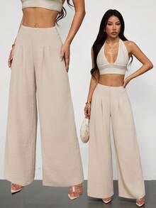 SHEIN PETITE Quần nữ ống rộng xếp ly cạp cao có khóa kéo, màu đỏ cà tím, kiểu dáng thanh lịch, thường ngày, phù hợp đi làm, đi học, đi làm công sở. - Màu Khaki - Xem 9