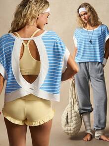 VARSITIE Contrast Stripe Print Backless Round Neck Loose Short Sleeve Sports T-Shirt Gym Cover Up Top Open Back Shirts Open Back Workout Top Activewear - Multicolor - View 3