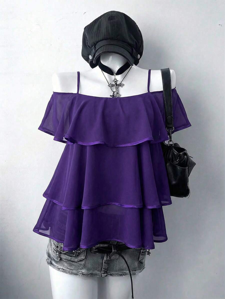 Sunspun Plus Size Women Casual Punk Black Chiffon Blouse - Purple - View 1
