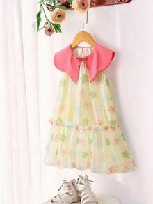 Girls (Small) Floral Print Pink Collar A-Line Dress With Bow Design - Multicolor - View 3