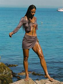 GLOWMODE Áo khoác cardigan kim loại bóng bẩy, chống clo, chống nắng, thích hợp cho kỳ nghỉ hè, đi biển, hồ bơi, du lịch. - màu nâu - Xem 6