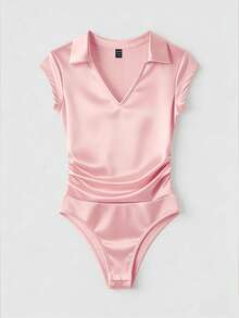 Franclia 女士夏季时尚褶皱奢华收腰Polo领连体衣 - 粉色 - 查看 3