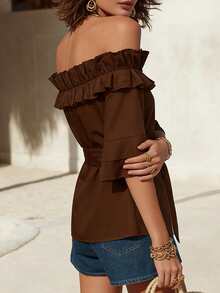 EMERY ROSE Chocolate Brown Off-Shoulder Ruffle Trim Casual Romantic Blouse For Women Vacation Summer - Coffee Brown - View 5