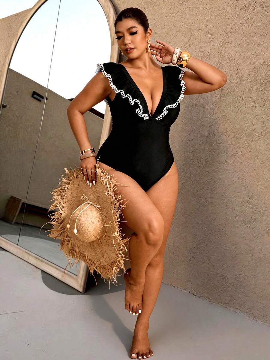 Elaquor Plus Size Ruffled One-Piece Swimsuit For Beach & Resort Plus Size Bathing Suits Women - Black - View 1