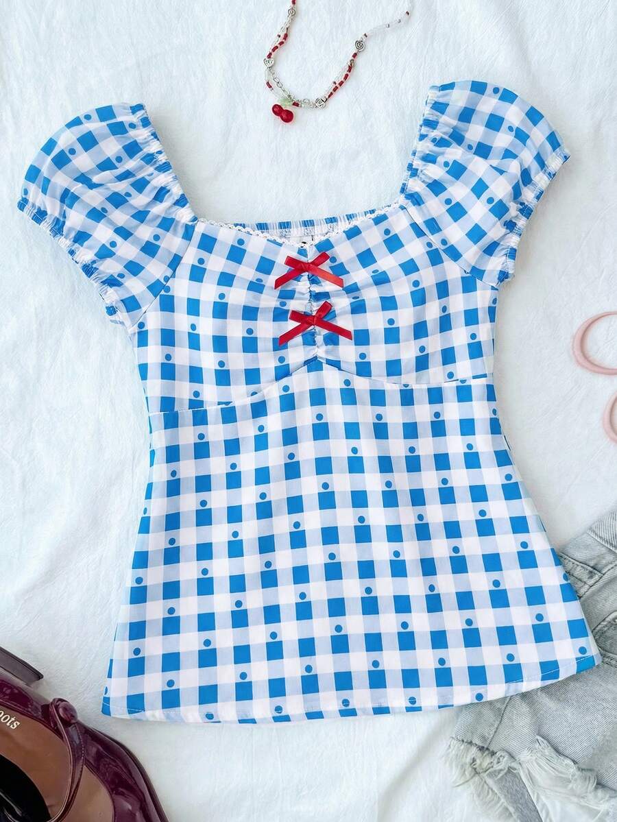 SHEIN Tween Girl Casual Minimalist Comfortable Plaid Back Strap Shirt - Blue - View 1