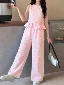 SHEIN 少女蓝白条纹无袖上衣，配木质纽扣和直筒裤，休闲度假套装，适合春夏假期、派对、优雅场合、返校季、可爱装扮、家庭户外春季野餐、日常穿着。 - 粉色 - 查看 6