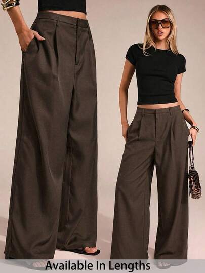 SHEIN PETITE CURVE Quần dài ống đứng màu nâu trơn dành cho nữ cỡ lớn, kiểu dáng thường ngày.