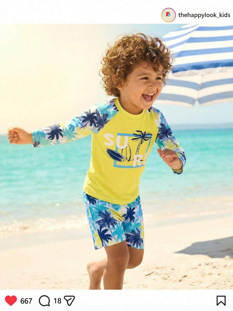 THE HAPPY LOOK Young Boys Round Neck Raglan Sleeve Long Sleeve Palm Tree Pattern Swimwear - Yellow - View 1