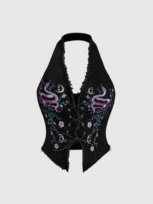 ROMWE Goth Blusa vaquera sexy de talla grande con cuello halter, estampado bordado de flores, serpiente y luna en estilo retro y bohemio - Negro - Ver 1