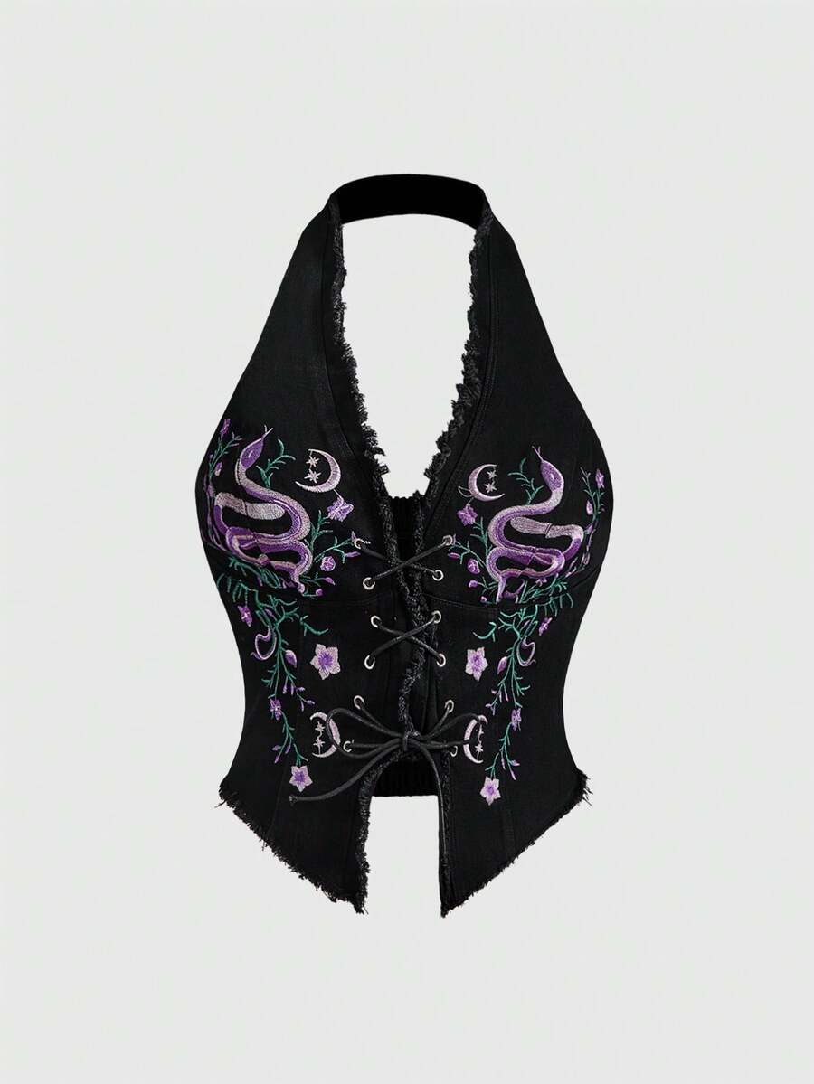 ROMWE Goth Blusa vaquera sexy de talla grande con cuello halter, estampado bordado de flores, serpiente y luna en estilo retro y bohemio - Negro - Ver 1