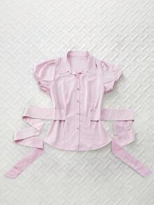 Sunspun 春季、夏季、秋季、蝴蝶结、度假、优雅、毕业礼服、夏季女装、法式复古百搭休闲条纹衬衫领泡泡袖系带衬衫、休闲办公上衣、复古学院风可爱简约收腰修身上衣、商务休闲 - 粉色 - 查看 1