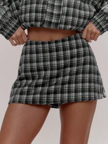 MUSERA Checkered Skirt Overlay Low Rise Mini Shorts Coord Bottoms Only Cute Summer Going Out Bottomless Brunch Picnic Sixth Form Date Back-To-School Casual - Black - View 1