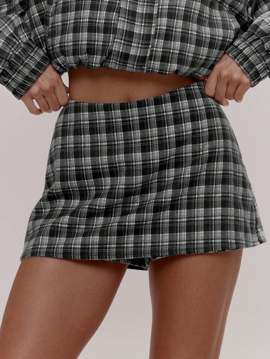 MUSERA Checkered Skirt Overlay Low Rise Mini Shorts Coord Bottoms Only Cute Summer Going Out Bottomless Brunch Picnic Sixth Form Date Back-To-School Casual - Black - View 1