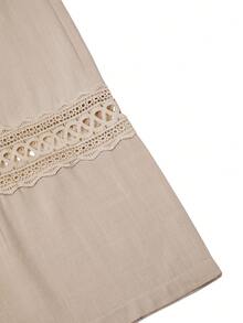SHEIN Franclia Women's Regular Linen Pants, Elastic Waist With Drawstring, Side Pockets, Ruffle Hem, Casual For Vacation And Commute, Suitable For All Seasons - Apricot - View 5