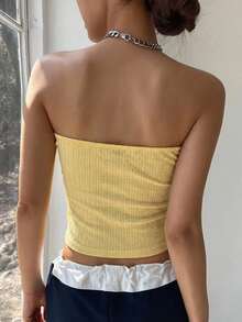 Livesso Áo hai dây nữ màu trơn, xẻ tà, đính hạt cườm, thích hợp cho mùa hè. - Vàng nhạt - Xem 2