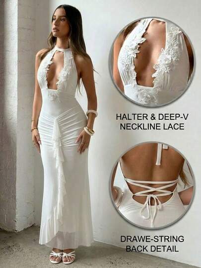 Aloruh 女士夏季新款白色优雅性感温柔时尚浪漫约会吊带系带镂空花卉贴花双层荷叶边下摆喇叭袖露背连衣裙