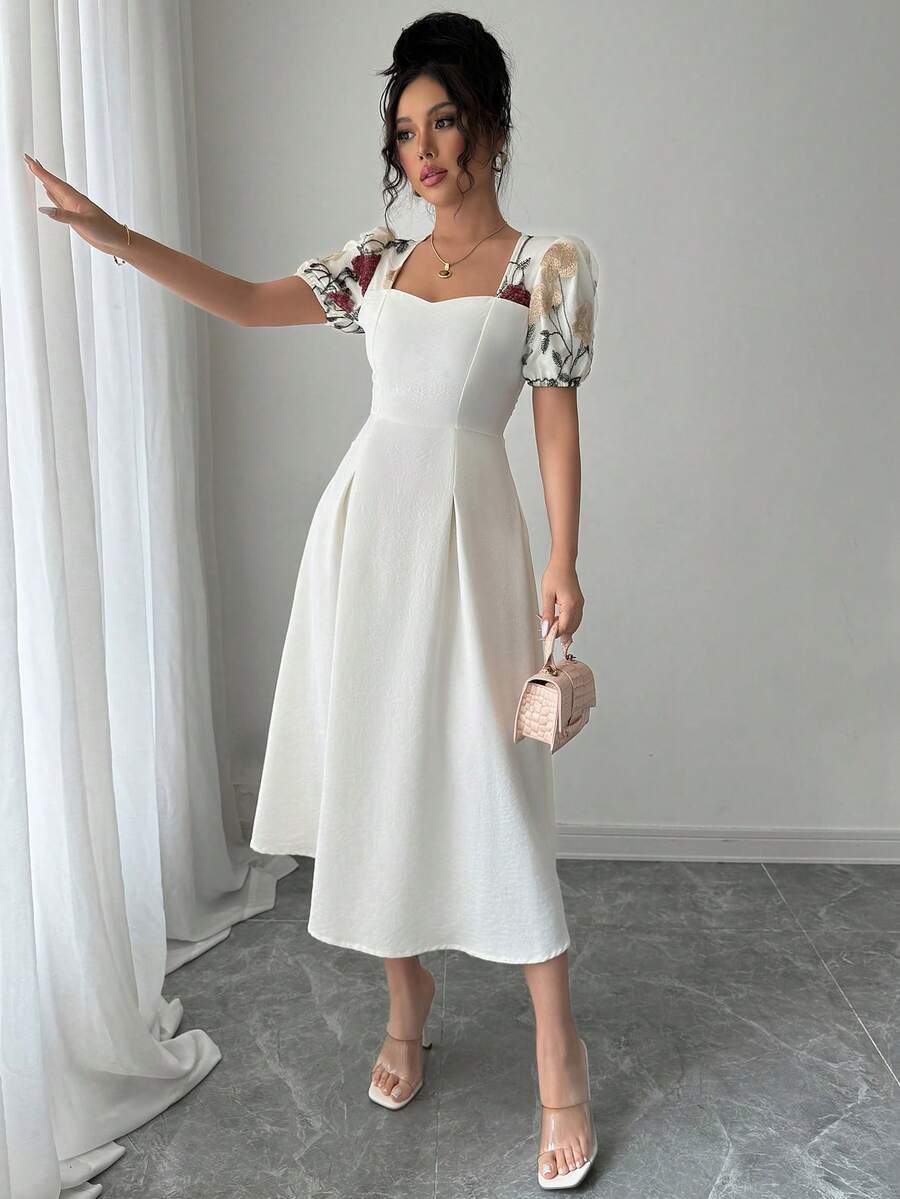 Elenzga Đầm nữ cổ vuông tay cánh hoa thêu eo xếp ly - Màu be - Xem 1