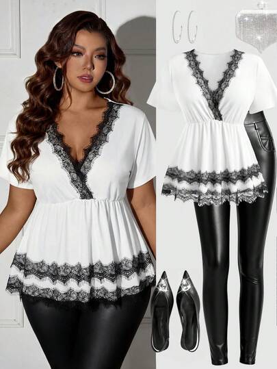 Femmeverse Plus Size Women Casual Lace Trim V-Neck T-Shirt