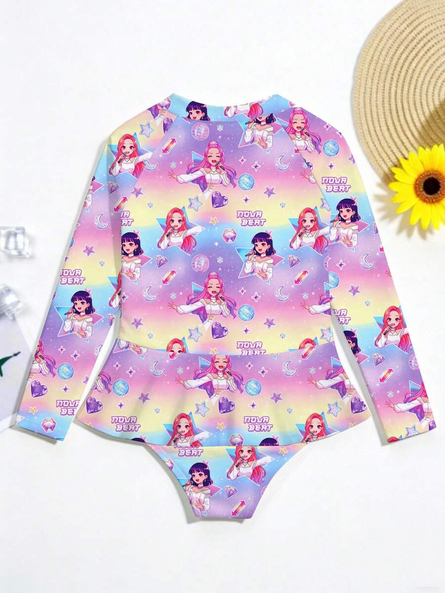 New Fashion One-Piece Swimsuit Dress For Young Girl, Long Sleeve Triangle Bottoms Young Girl Swimwear - Multicolor - View 1