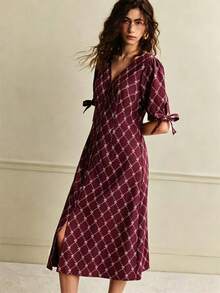 Franclia Vestido estilo francés, vestido de oficina, vestido elegante, vestido de cuello en V, vestido estampado, vestido de cuadros, vestido con abertura, vestido con lazo delantero, vestido de primavera/verano, vestido de mujer - Burdeos - Ver 3