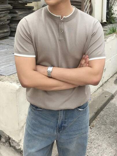 DAZY Áo thun nam cổ tròn, tay ngắn, phối màu tương phản, khóa kéo nửa thân.