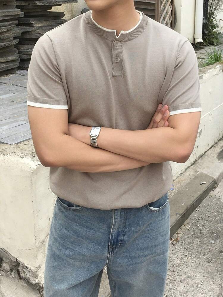 Men's Contrast Color Patchwork Round Neck Half-Zip Knit Top, Short Sleeve