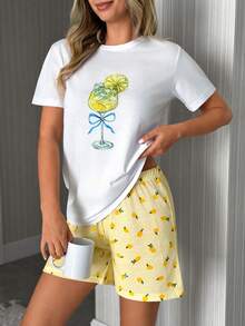 SHEIN Bộ 3 món gồm áo thun ngắn tay cổ tròn họa tiết nơ, quần short và quần dài kẻ sọc in hình chanh, kiểu dáng thoải mái, dễ thương và dễ thương dành cho nữ, hiệu Cotton Line Plus Size Women. - Màu be - Xem 3