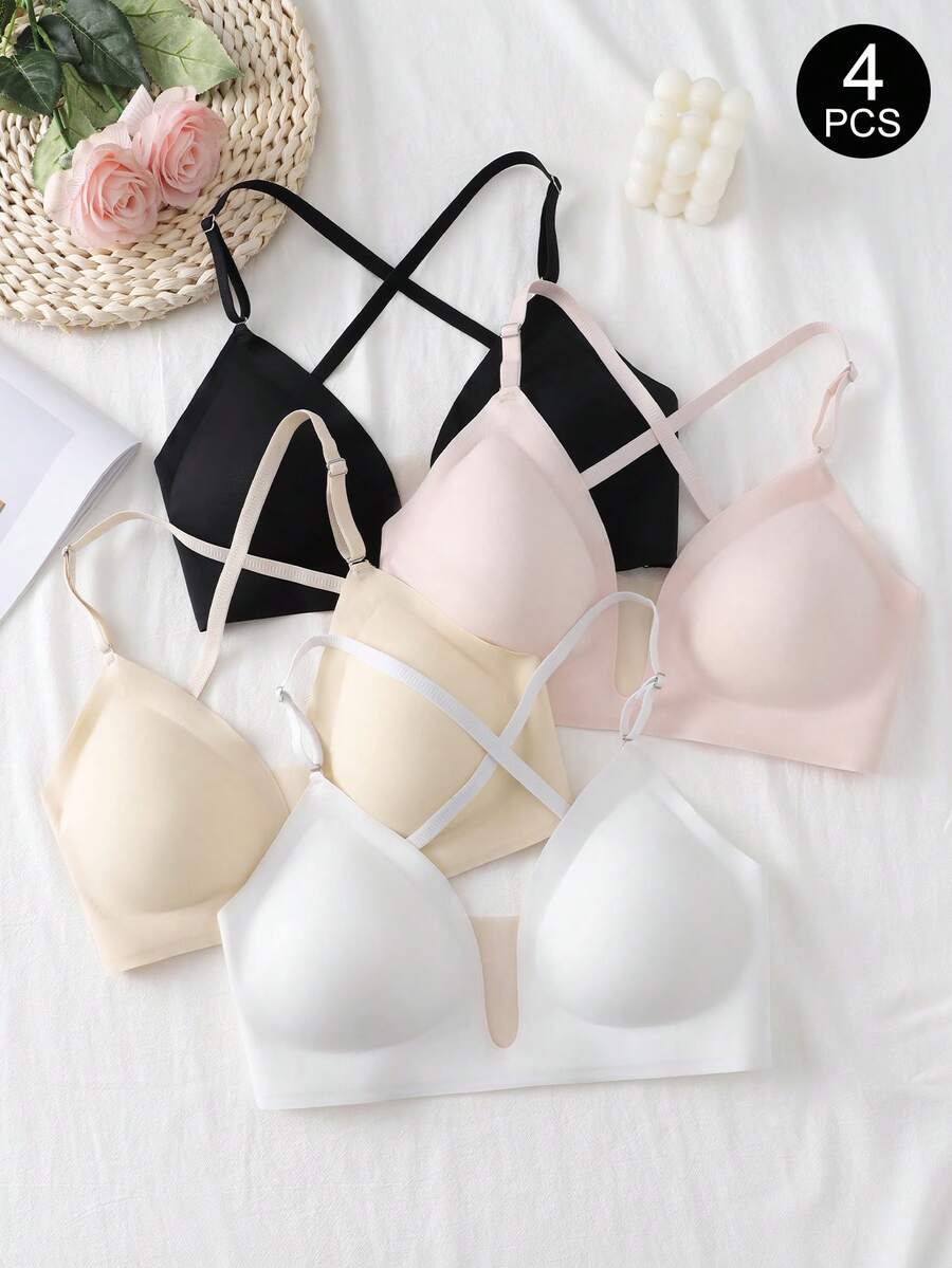 4pcs/Set Women's Comfortable Wireless Padded Criss-Cross Back Bras - Multicolor - View 1