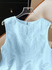 GlowEve White Embroidered Shell Trim Sleeveless Blouse For Women, Vacation - Blue - View 3