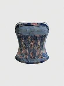 ROMWE Fairycore Summer Outfits Plus Size Floral Print Denim Camisole Top, Backless Design - Medium Wash - View 7