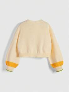 ROMWE Fairycore Spring Casual Graphic Plus Size Cute Countryside Color-Block 3D Flower & Bee Embroidery Lantern Sleeve Cardigan Sweater Coat, For Winter - Yellow - View 2