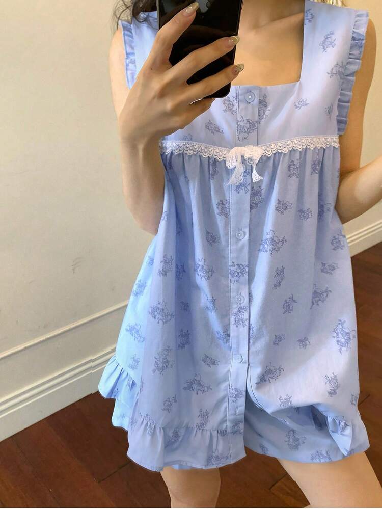 Floral Sweet Contrast Color Lace Patchwork Ruffle Trim Sleeveless Top And Shorts Women Pajama Set